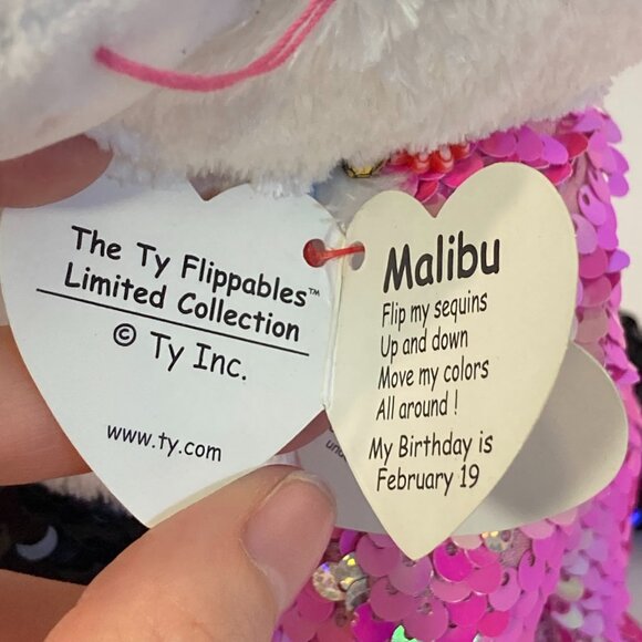 Ty Beanie Flippables Malibu Cat 10" Stuffed Plush Toy 2018 Pink Eyes Black White - Picture 15 of 16